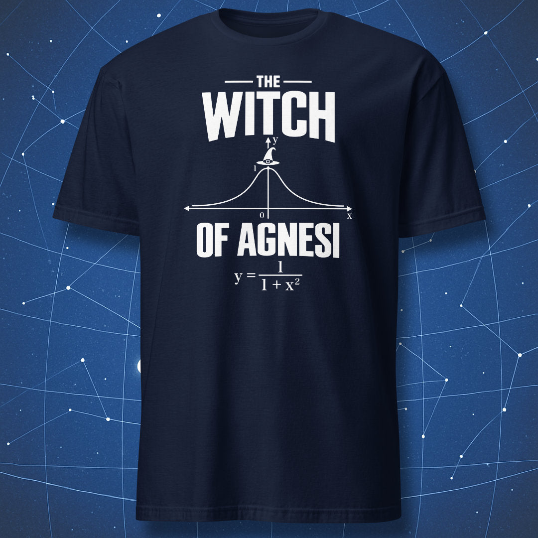 Navy math T-shirt featuring the Witch of Agnesi graph, equation, and witch hat