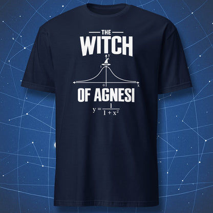 Navy math T-shirt featuring the Witch of Agnesi graph, equation, and witch hat