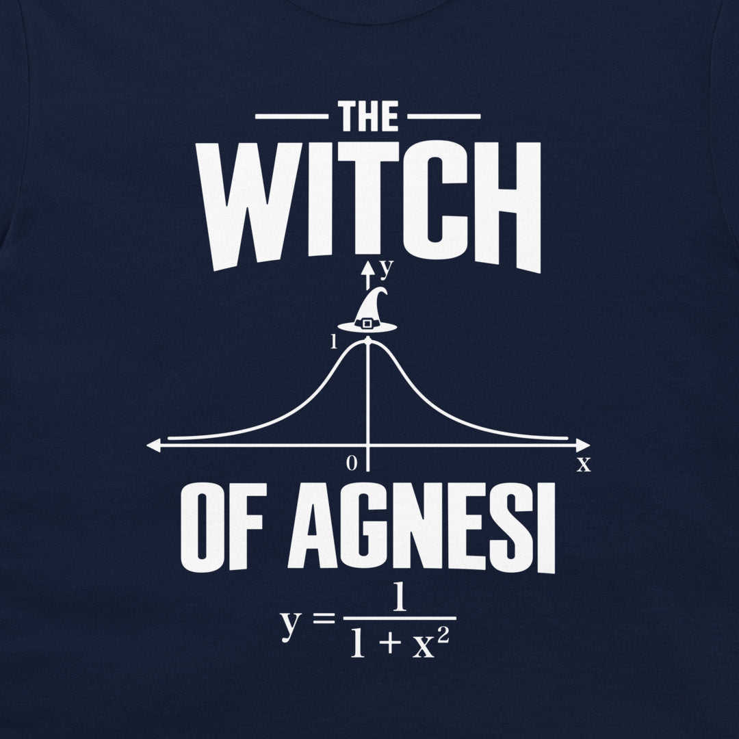 Close-up of the white Witch of Agnesi Halloween math design on a navy T-shirt