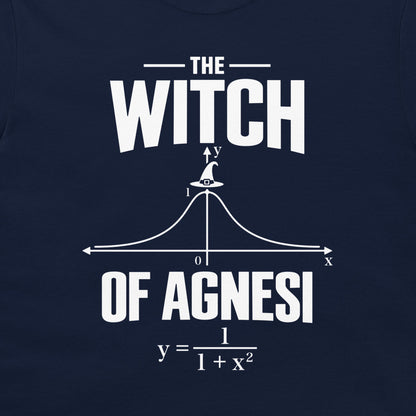 Close-up of the white Witch of Agnesi Halloween math design on a navy T-shirt