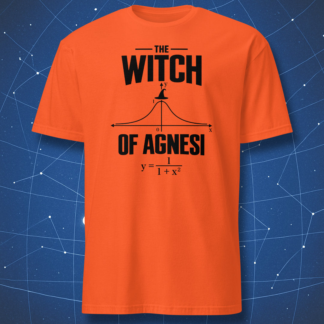Orange math Halloween T-shirt with a black Witch of Agnesi graph and equation design