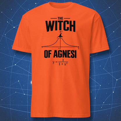 Orange math Halloween T-shirt with a black Witch of Agnesi graph and equation design