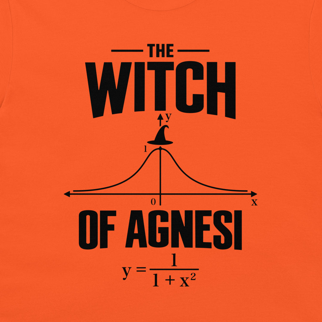 Close-up of the black Witch of Agnesi mathematical curve printed on an orange T-shirt