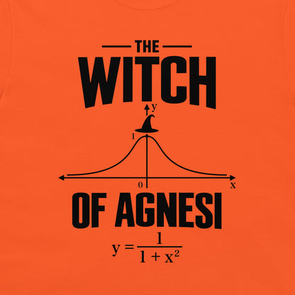 Close-up of the black Witch of Agnesi mathematical curve printed on an orange T-shirt