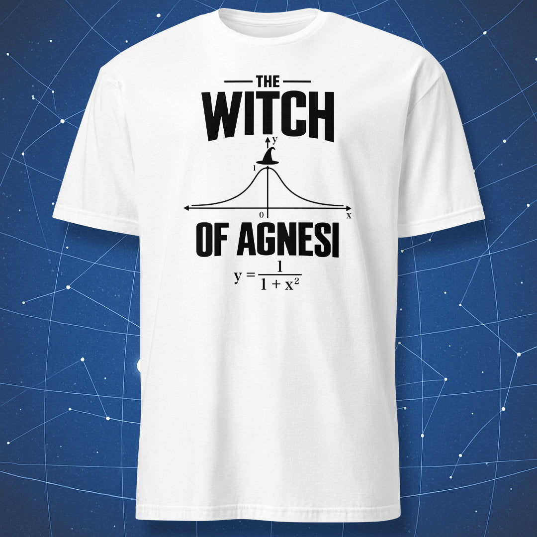 White mathematics Halloween T-shirt featuring a black Witch of Agnesi curve and equation