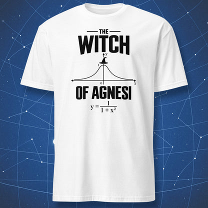 White mathematics Halloween T-shirt featuring a black Witch of Agnesi curve and equation