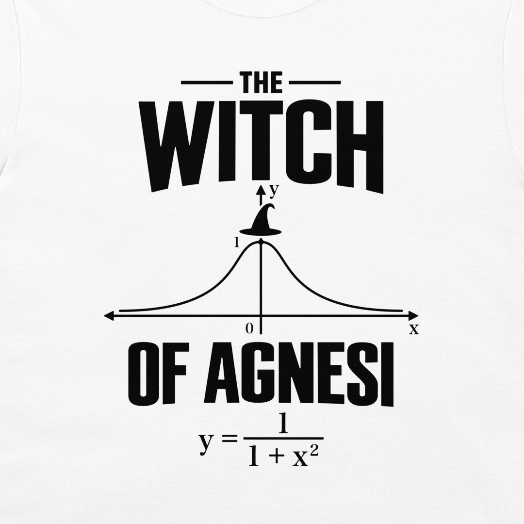 Close-up of the black Witch of Agnesi graph and witch hat design on a white T-shirt