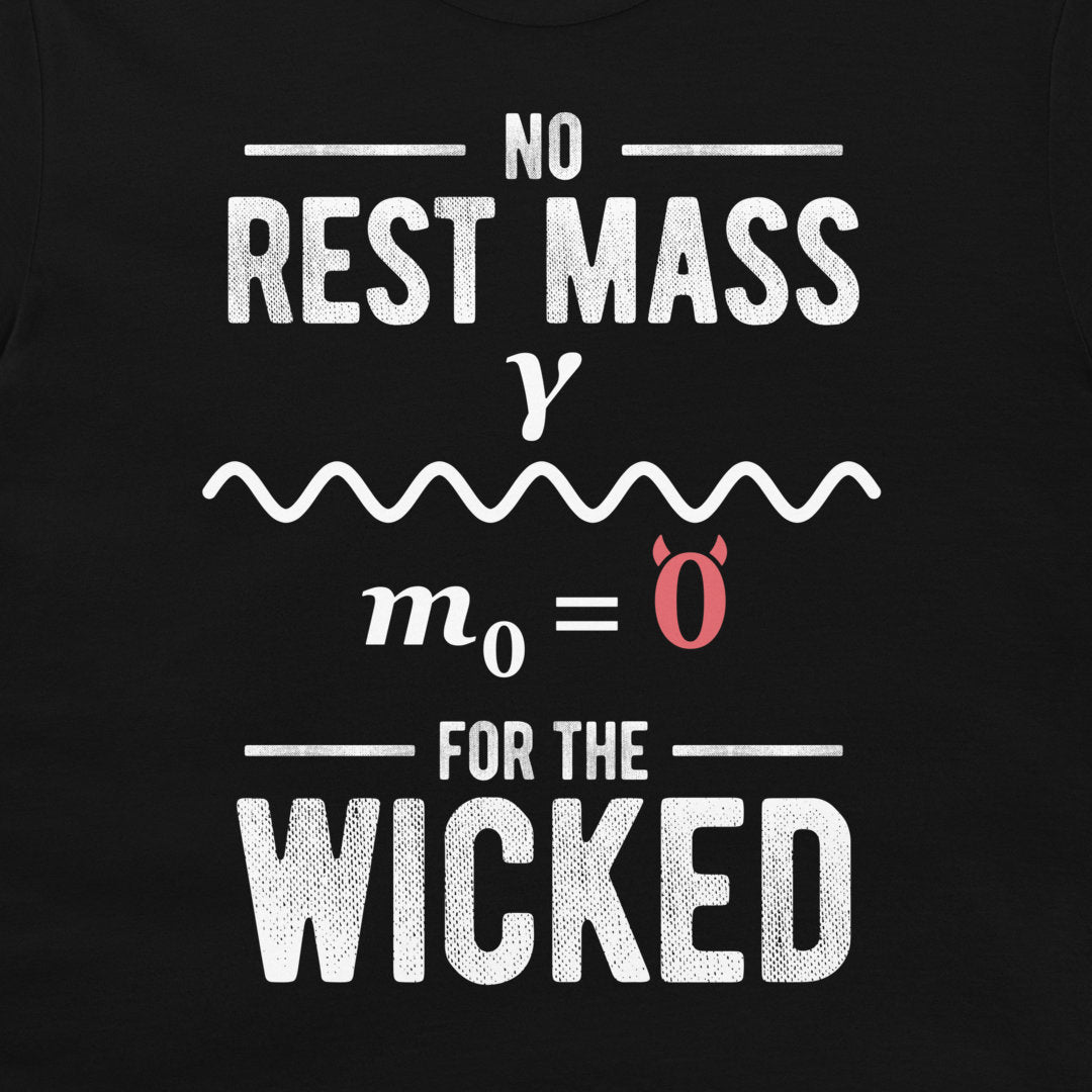 Close-up of the white photon propagator, gamma symbol, and red zero rest mass equation on a black T-shirt