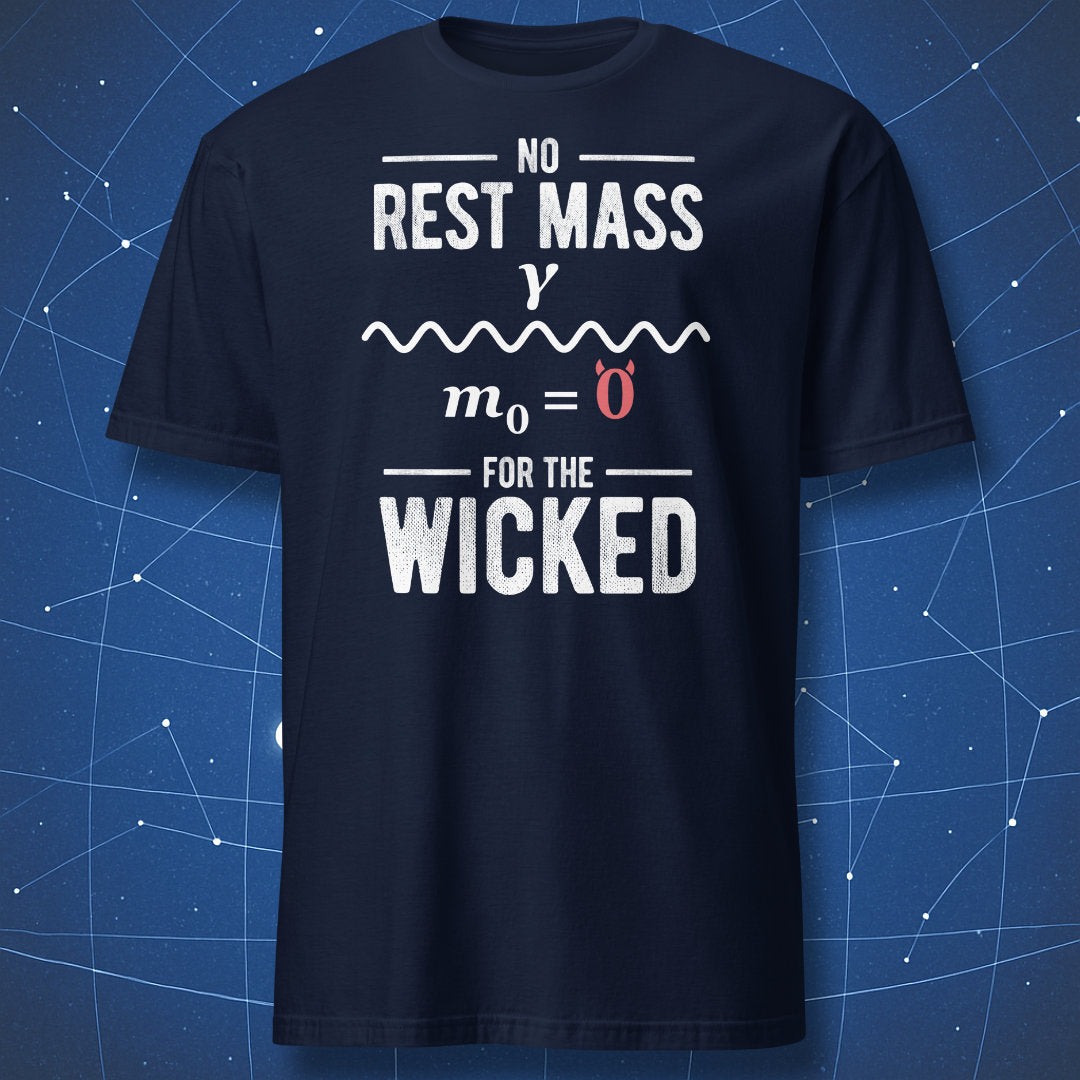Navy physics Halloween T-shirt featuring the No Rest Mass for the Wicked particle design
