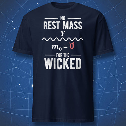 Navy physics Halloween T-shirt featuring the No Rest Mass for the Wicked particle design