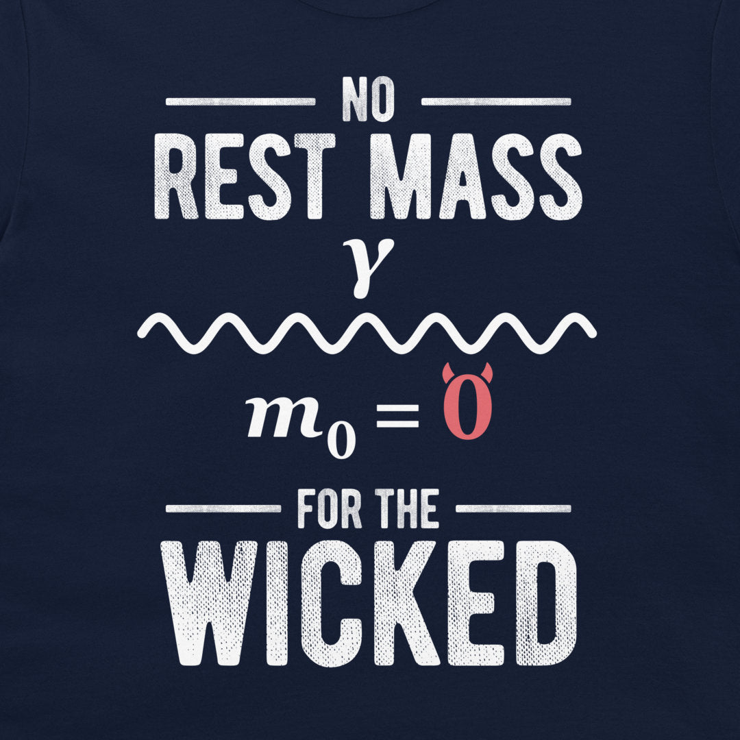 Close-up of the photon wave and red horned zero mass equation printed on a navy T-shirt