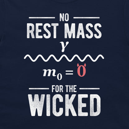 Close-up of the photon wave and red horned zero mass equation printed on a navy T-shirt