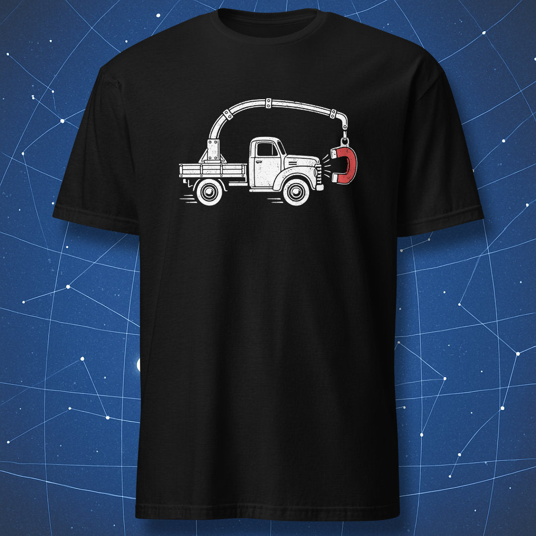 Black physics T-shirt featuring a white vintage truck pulled by its own red horseshoe magnet