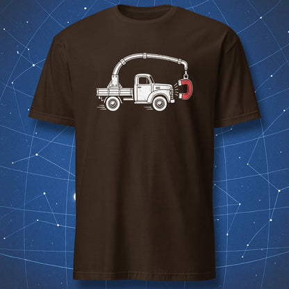 Dark chocolate physics T-shirt featuring a white vintage truck pulled by its own red horseshoe magnet