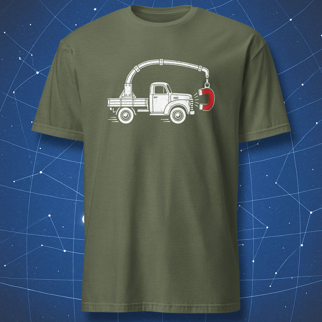 Military green physics T-shirt featuring a white vintage truck pulled by its own red horseshoe magnet