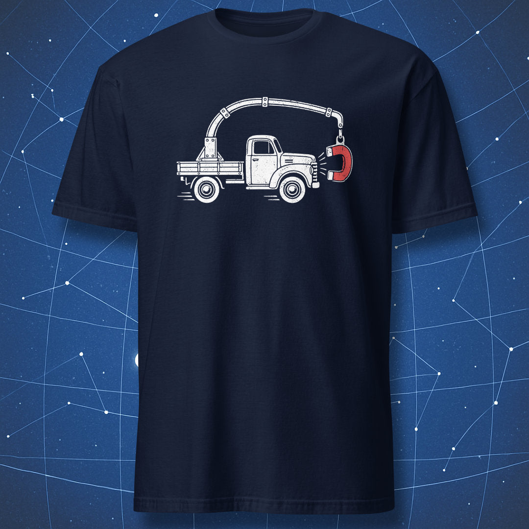 Navy physics T-shirt featuring a white vintage truck pulled by its own red horseshoe magnet