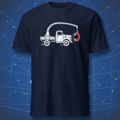 Navy physics T-shirt featuring a white vintage truck pulled by its own red horseshoe magnet