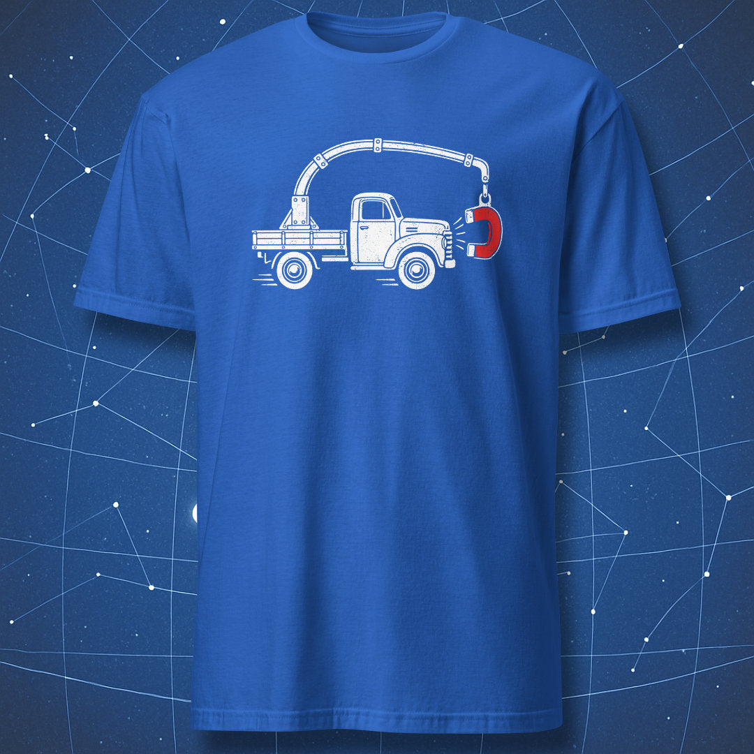 Royal blue physics T-shirt featuring a white vintage truck pulled by its own red horseshoe magnet