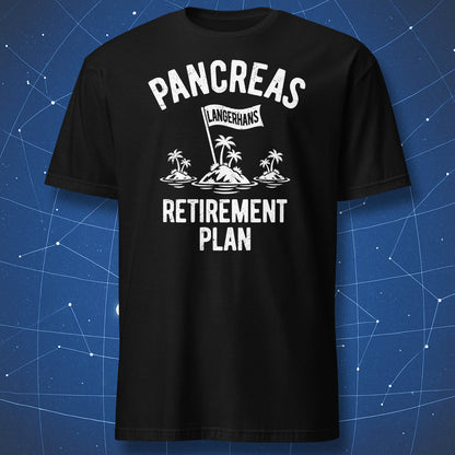 Black T-shirt featuring the white Pancreas Retirement Plan design with tropical islets and a Langerhans surrender flag