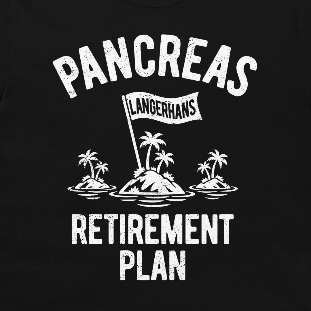 Close-up of the Pancreas Retirement Plan graphic on a black T-shirt with three islets and a white Langerhans flag