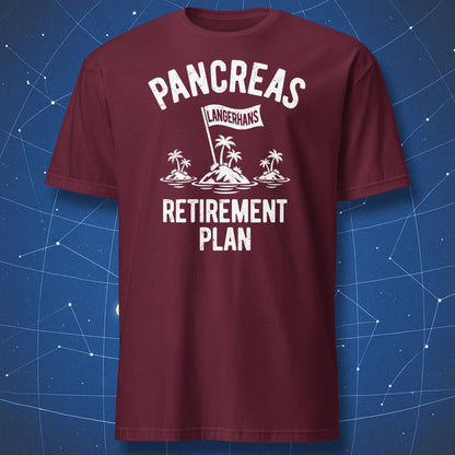 Maroon T-shirt featuring the white Pancreas Retirement Plan diabetes humor design