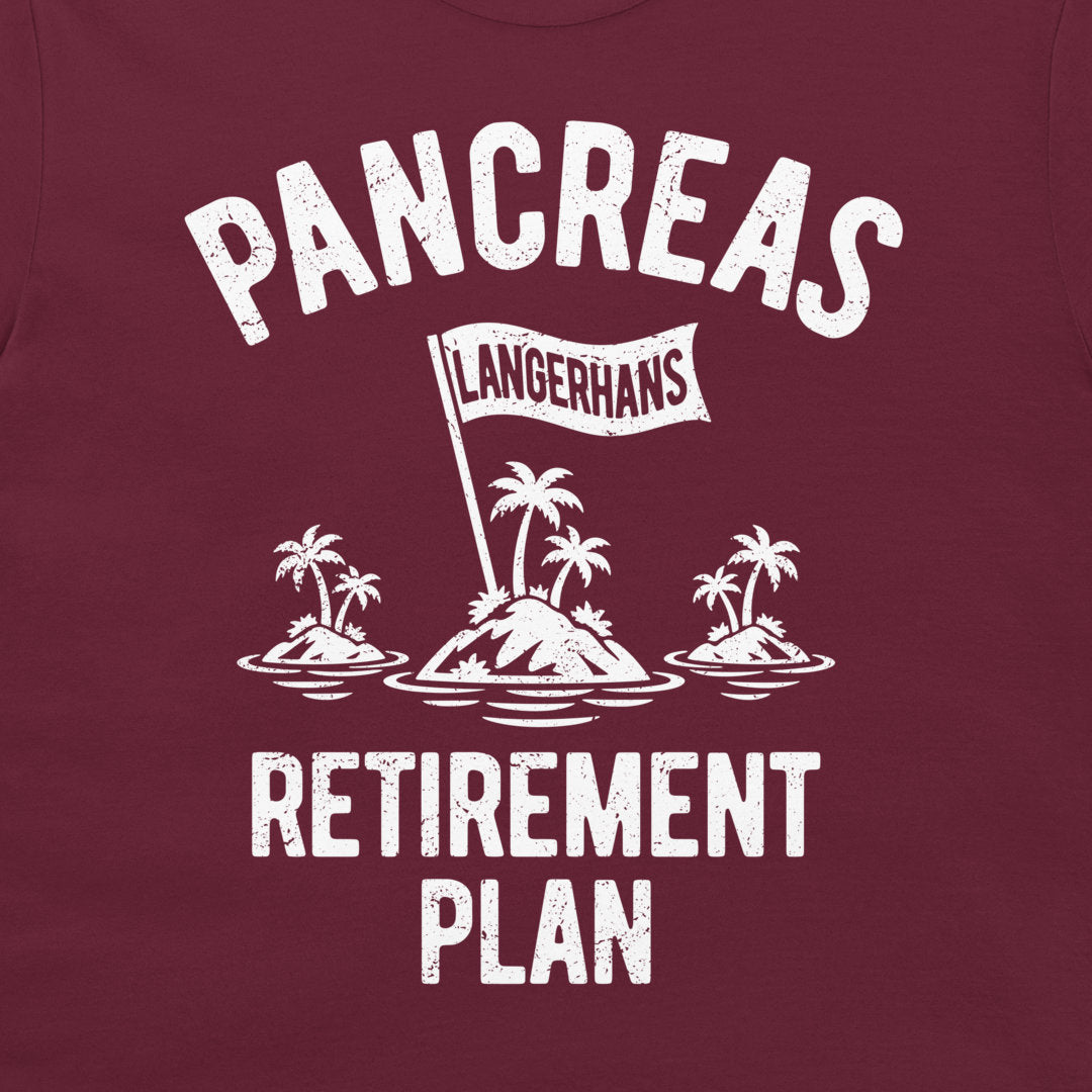 Close-up of the Pancreas Retirement Plan graphic on maroon fabric with the islets of Langerhans waving a white flag