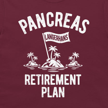 Close-up of the Pancreas Retirement Plan graphic on maroon fabric with the islets of Langerhans waving a white flag