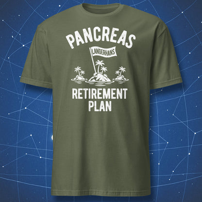 Military green T-shirt featuring the white Pancreas Retirement Plan endocrinology design