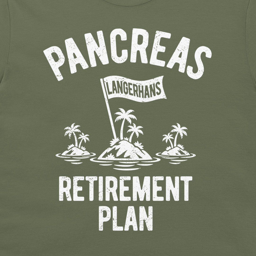 Close-up of the Pancreas Retirement Plan design on military green fabric with three tropical islets and a Langerhans flag