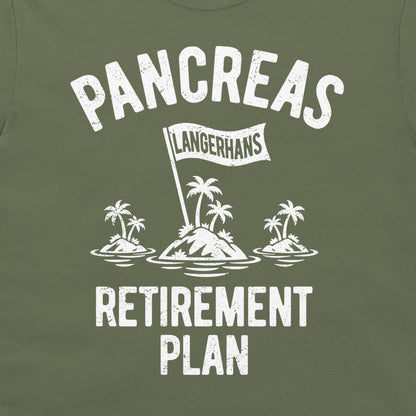 Close-up of the Pancreas Retirement Plan design on military green fabric with three tropical islets and a Langerhans flag