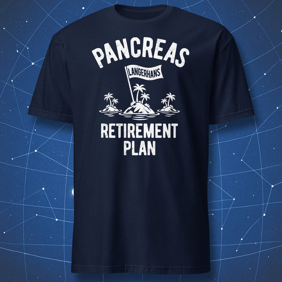 Navy T-shirt featuring the white Pancreas Retirement Plan design inspired by the islets of Langerhans