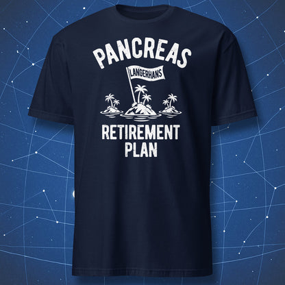 Navy T-shirt featuring the white Pancreas Retirement Plan design inspired by the islets of Langerhans