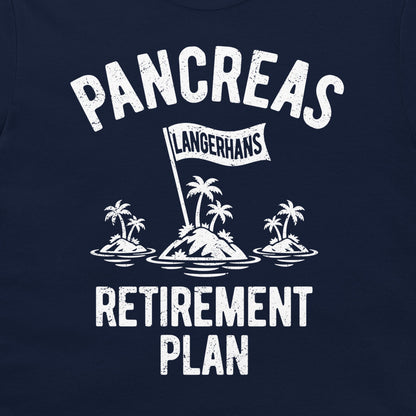 Close-up of the Pancreas Retirement Plan design on navy fabric with tropical islets and a Langerhans surrender flag