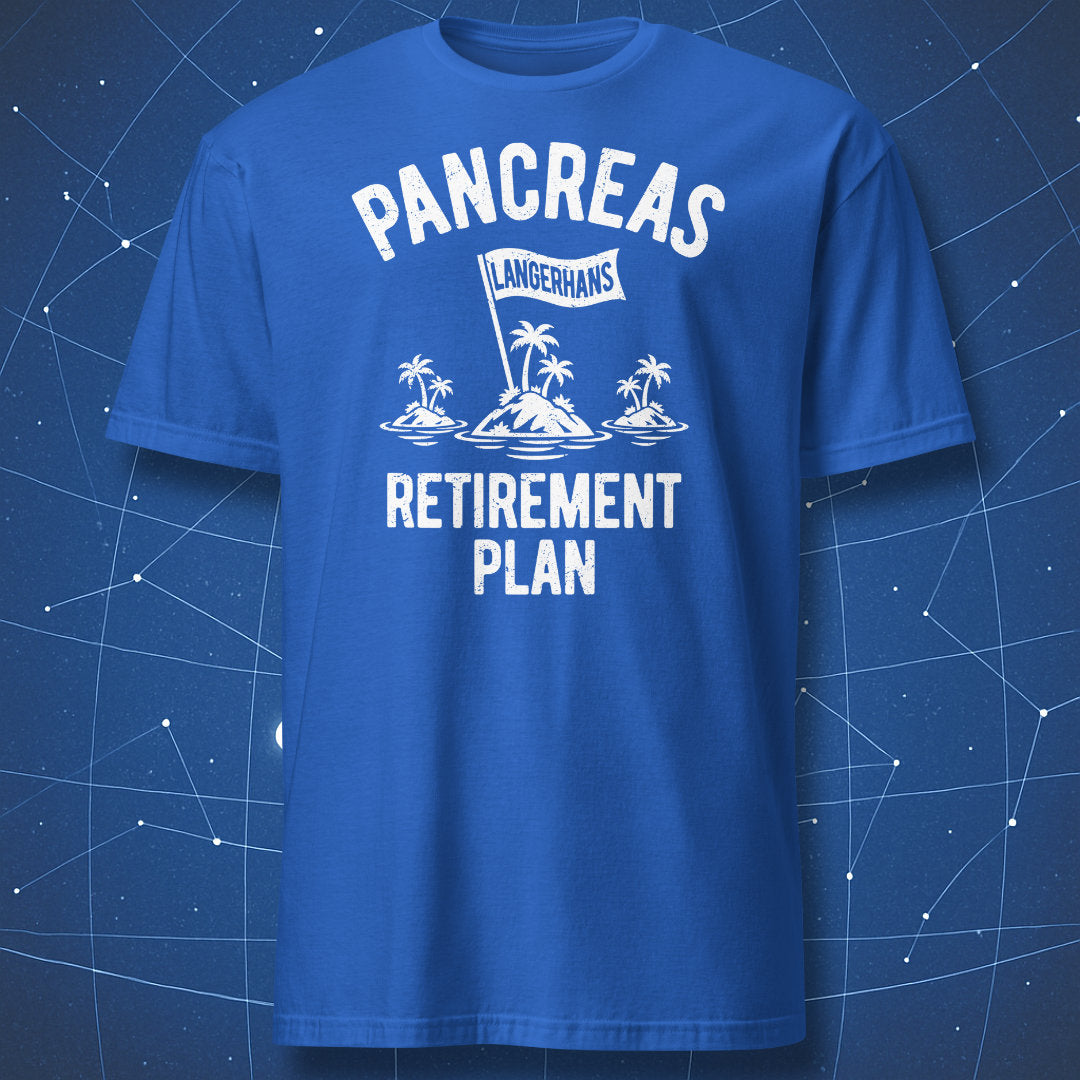 Royal blue T-shirt featuring the white Pancreas Retirement Plan design with three tropical islets and a Langerhans surrender flag