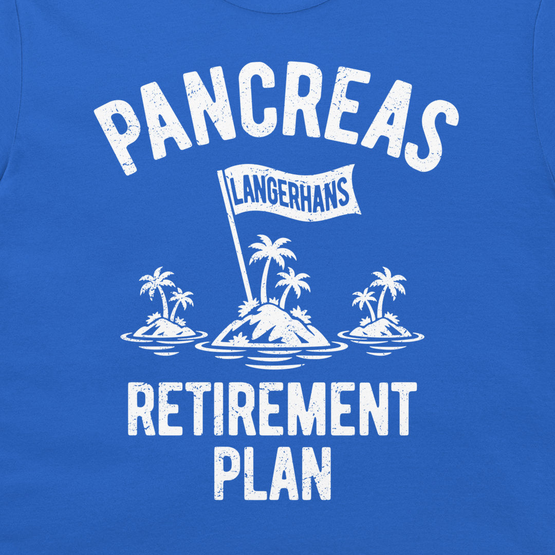 Close-up of the Pancreas Retirement Plan graphic on royal blue fabric, showing the islets of Langerhans waving a white flag