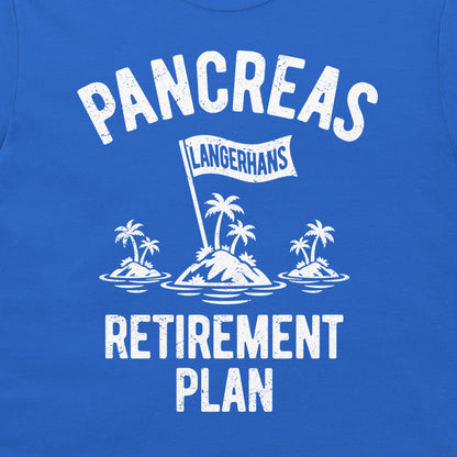 Close-up of the Pancreas Retirement Plan graphic on royal blue fabric, showing the islets of Langerhans waving a white flag