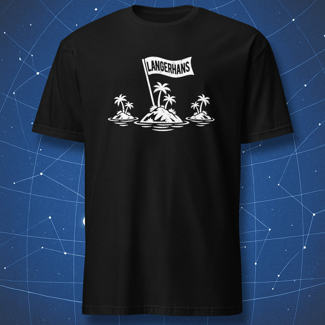 Black T-shirt featuring three tropical islands and a Langerhans flag as a visual pun on the islets of Langerhans