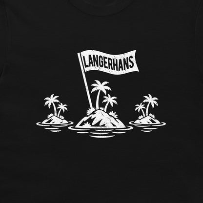 Black T-shirt featuring three tropical islands and a Langerhans flag as a visual pun on the islets of Langerhans