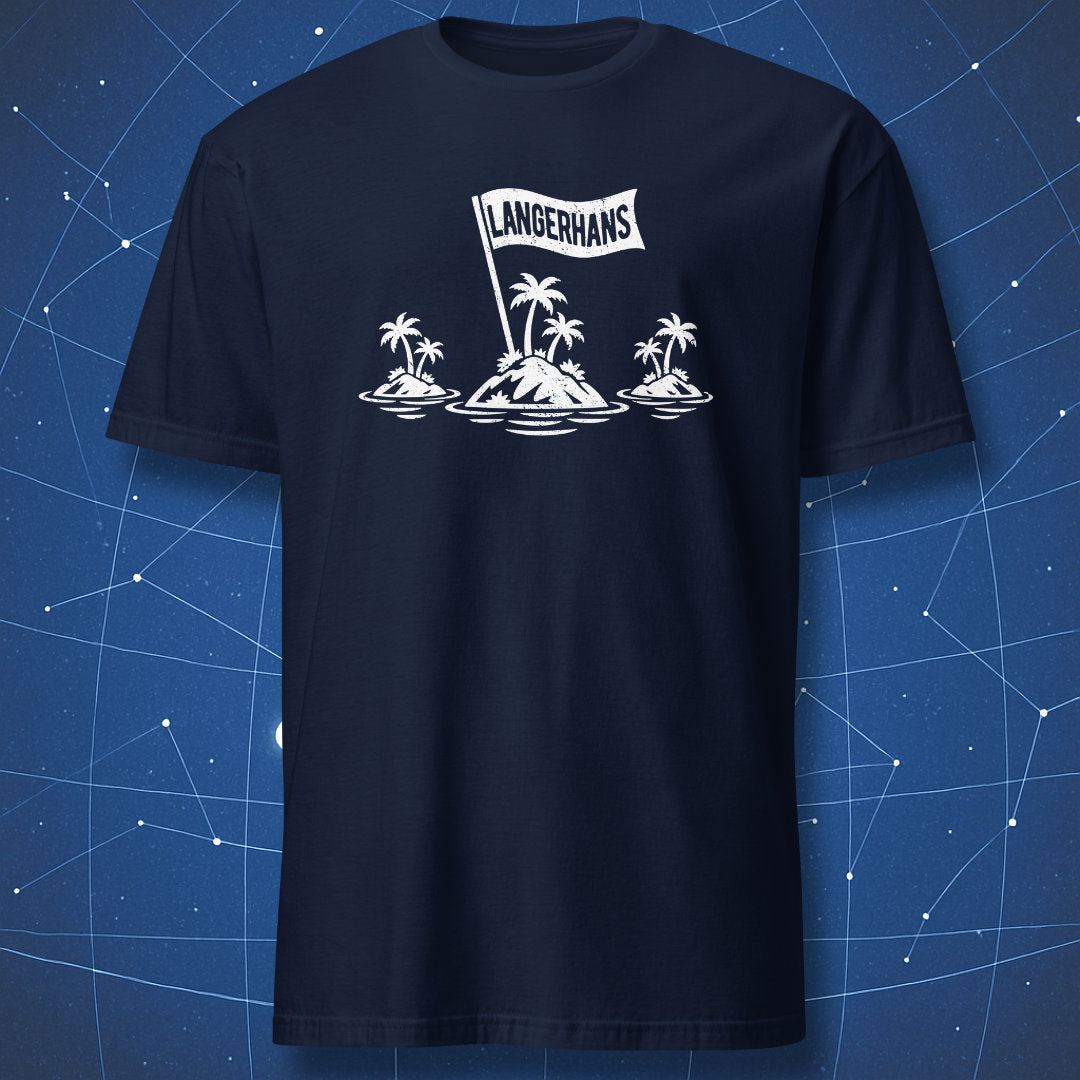 Navy T-shirt featuring a white endocrinology design with three islands and a flag labeled Langerhans