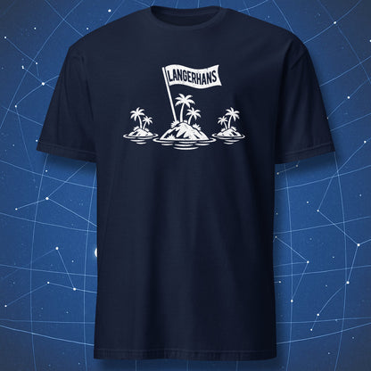 Navy T-shirt featuring a white endocrinology design with three islands and a flag labeled Langerhans