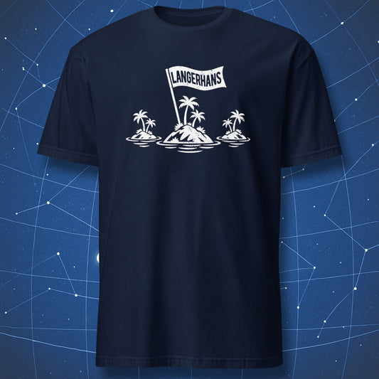 Navy T-shirt featuring a white endocrinology design with three islands and a flag labeled Langerhans