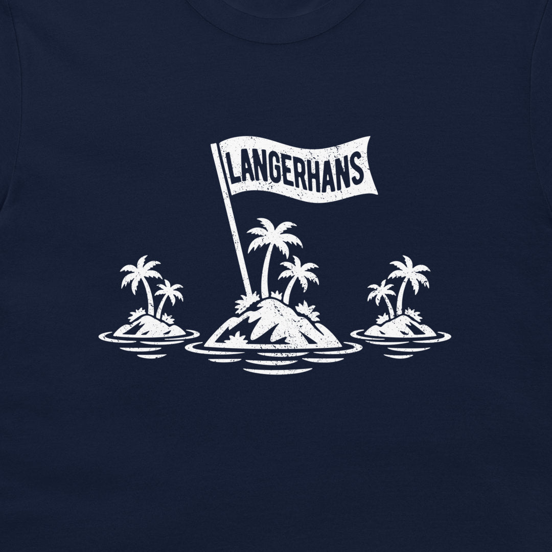 Close-up of the Islets of Langerhans biology pun design on navy fabric