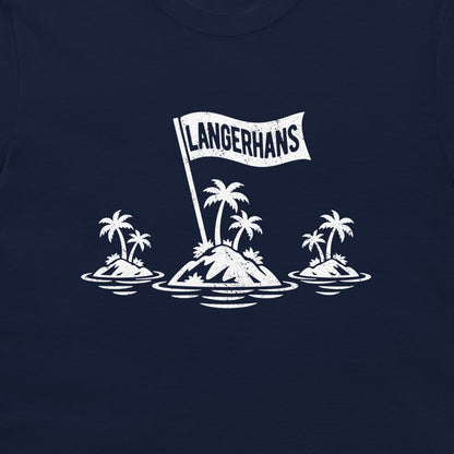 Close-up of the Islets of Langerhans biology pun design on navy fabric
