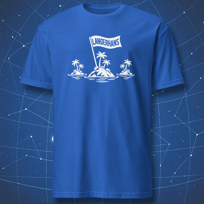 Royal blue T-shirt featuring three tropical islets and a white flag labeled Langerhans