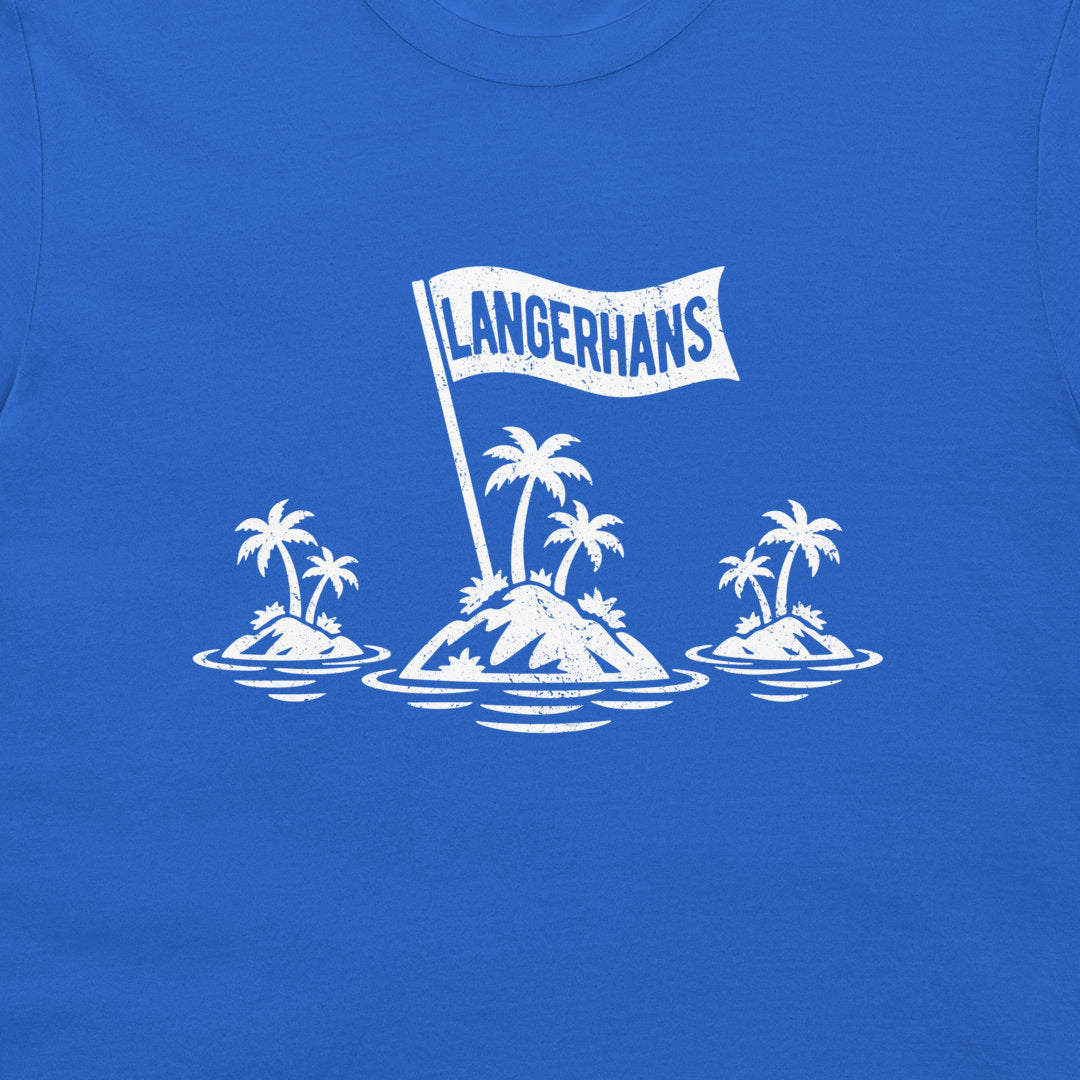 Close-up of the white Islets of Langerhans graphic on royal blue fabric