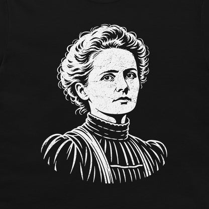 Black Marie Curie T-shirt with a white engraving-style portrait of the scientist.