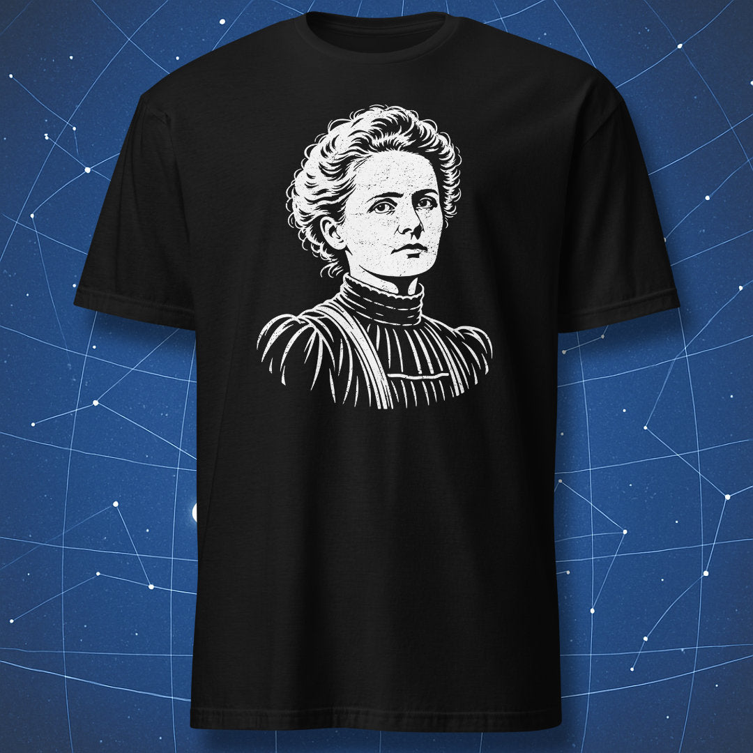 t-shirt
Black Marie Curie T-shirt with a white engraving-style portrait of the scientist.