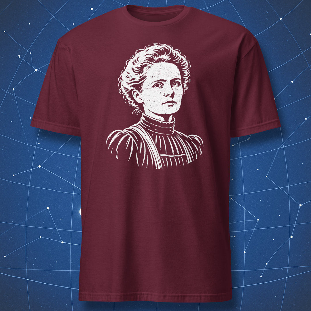 Maroon Marie Curie T-shirt with a white engraving-style portrait of the scientist.