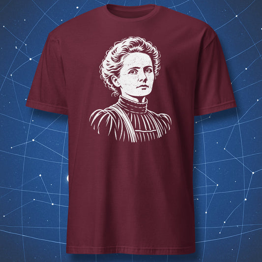 Maroon Marie Curie T-shirt with a white engraving-style portrait of the scientist.
