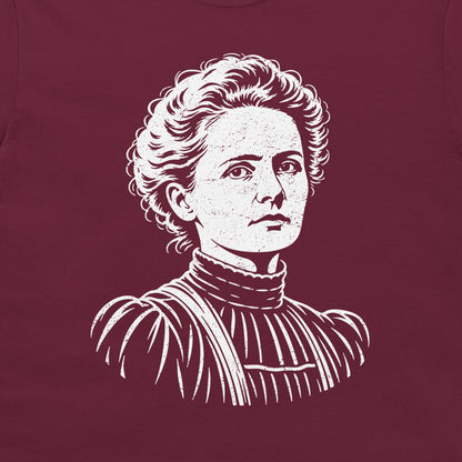 Close-up of the white Marie Curie portrait on a Maroon T-shirt.